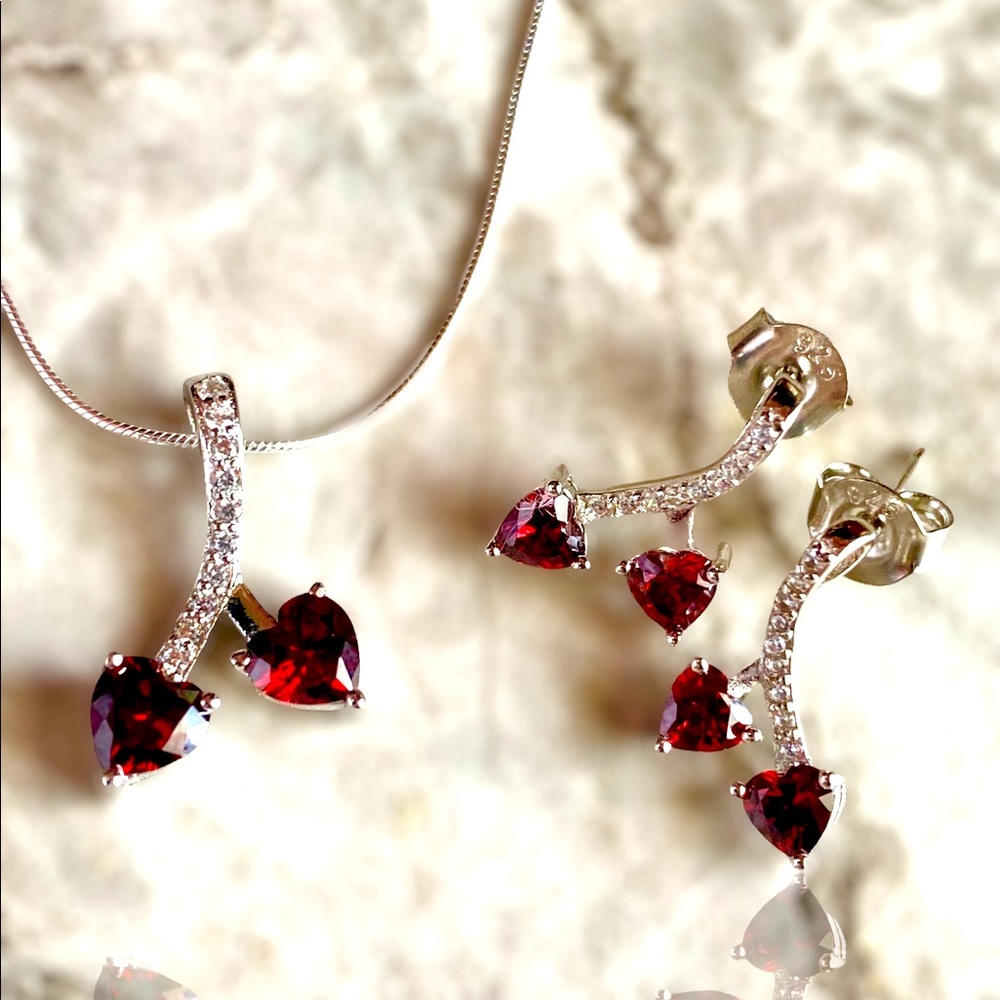 925 Sterling Silver Cherries In Hearts Set